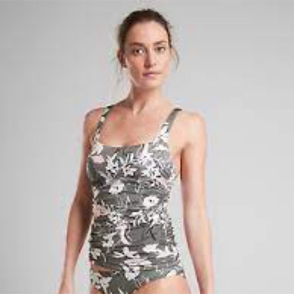 Athleta Olive Green and White Floral Tank One-Piece Swimsuit